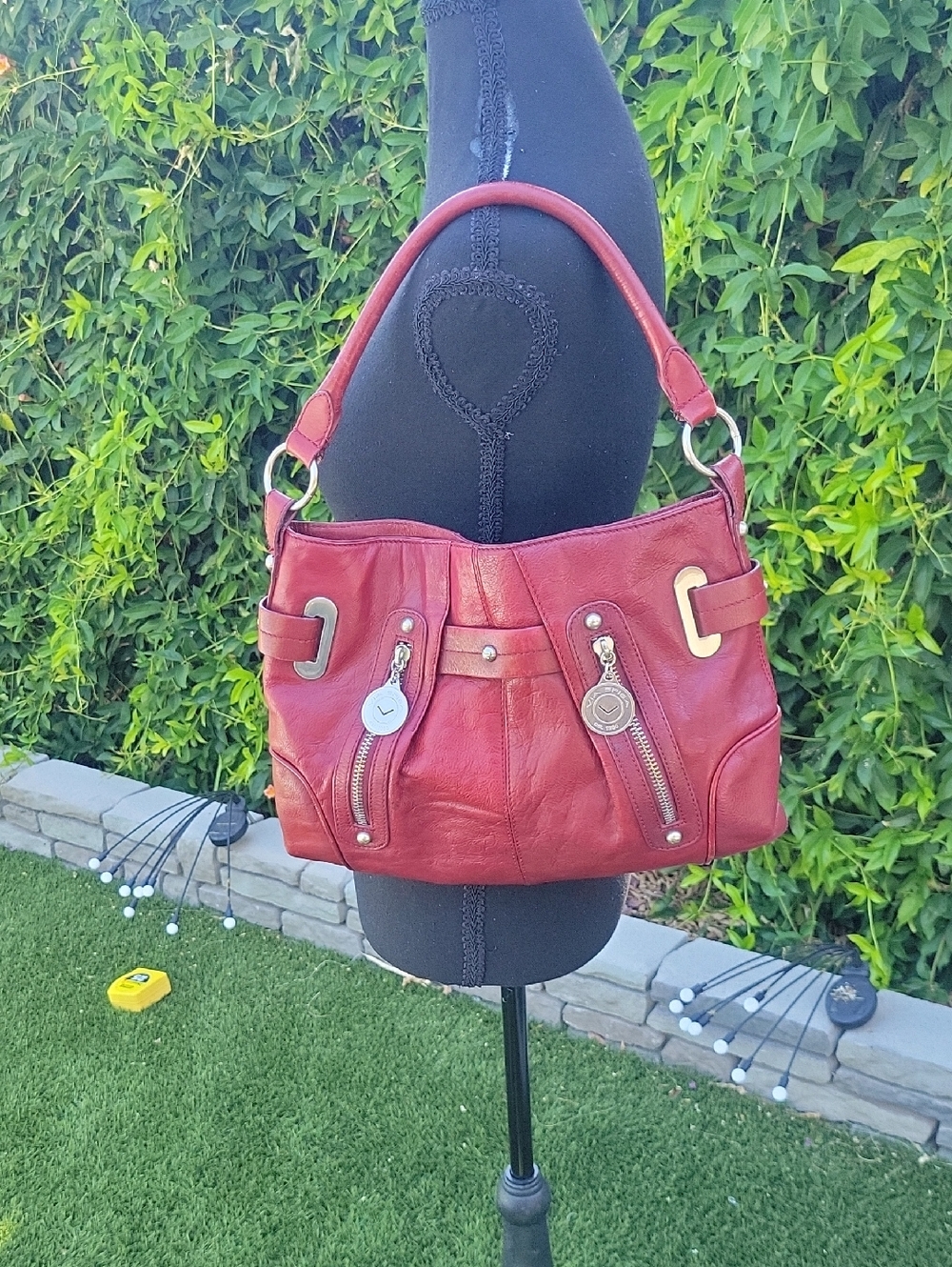 Via Spiga Red Leather Motorcycle Shoulder Bag with Zip Details
